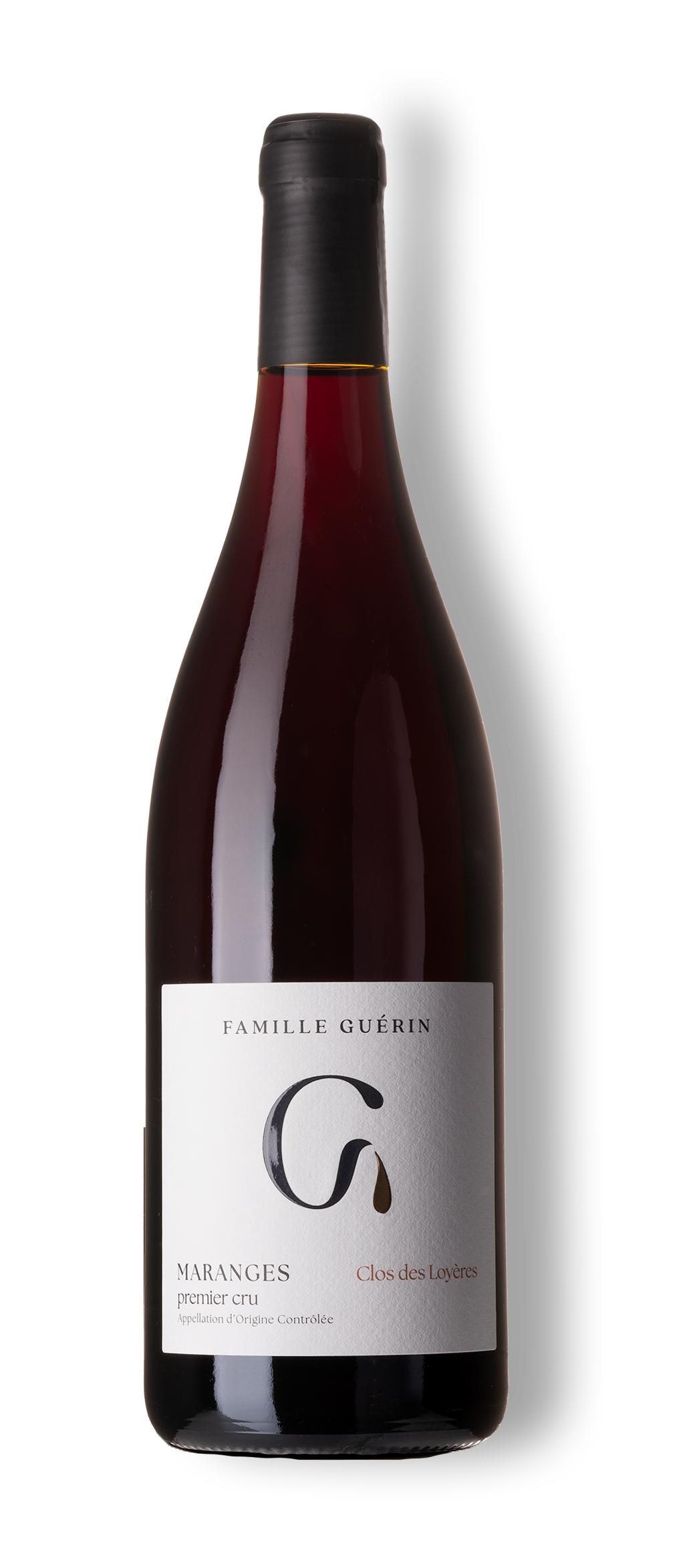 Packshot de la bouteille de vin rouge Maranges Premier cru Clos des Loyères du domaine Famille Guérin