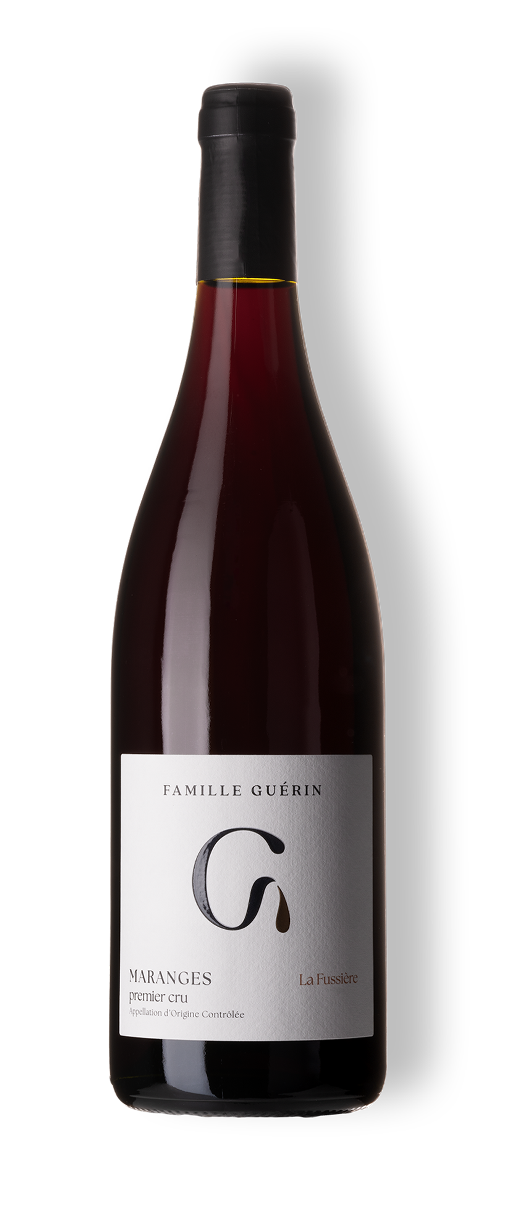 Packshot de la bouteille de vin rouge Maranges Premier Cru La Fussière du domaine Famille Guérin